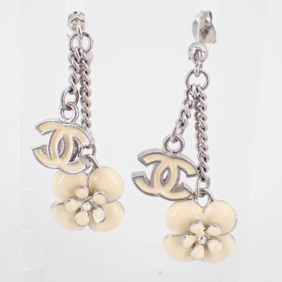Chanel silver cream drop earrings w/ CC and Camelia - Picture 1 of 3